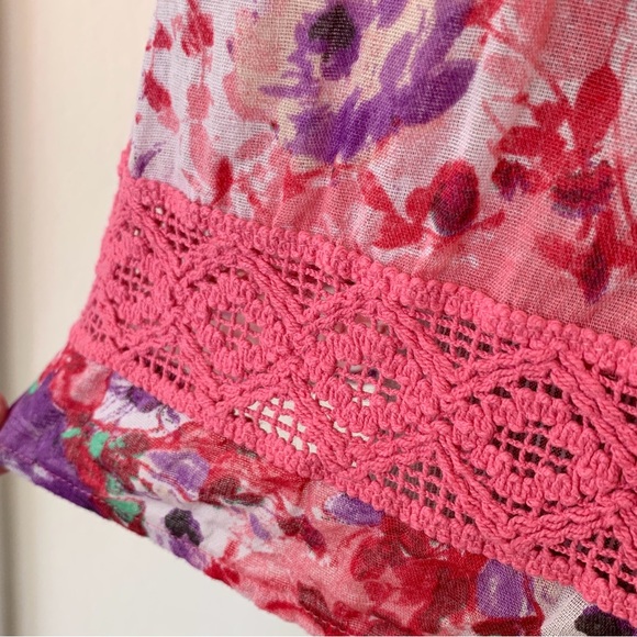 pink purple floral print cap short sleeve blouse with tassels - Picture 5 of 16